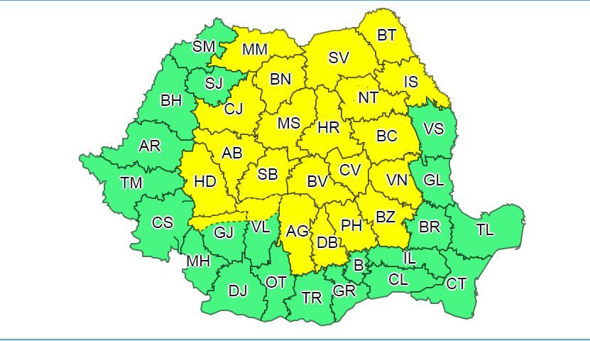 Două coduri galbene de ploi pentru județul Neamț