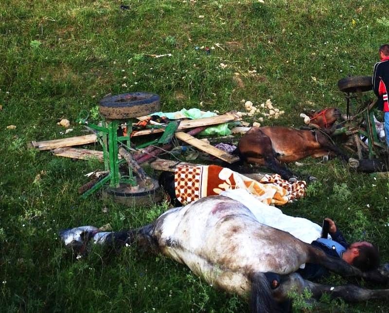 Patru tineri răniți după ce au căzut cu căruța într-o prăpastie. Unul e în comă (FOTO)