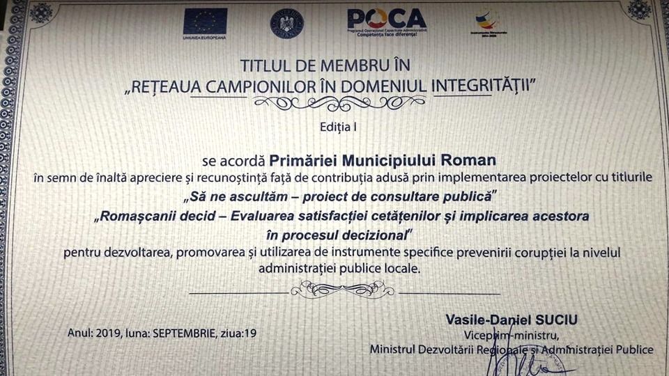 Municipiul Roman, premiat la conferința  „Rețeaua campionilor în domeniul integrității“