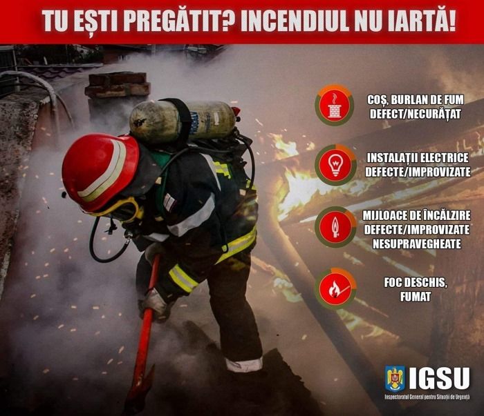 Cele mai multe incendii în sezonul rece sunt din cauza coșurilor de fum necurățate sau defecte și a mijloacelor de încălzire improvizate sau nesupravegheate