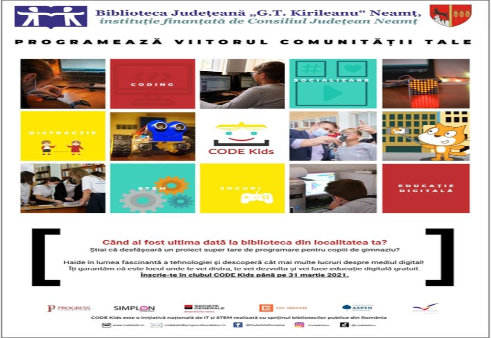 Noi înscrieri în proiectul Code Kids, la Biblioteca Județeană