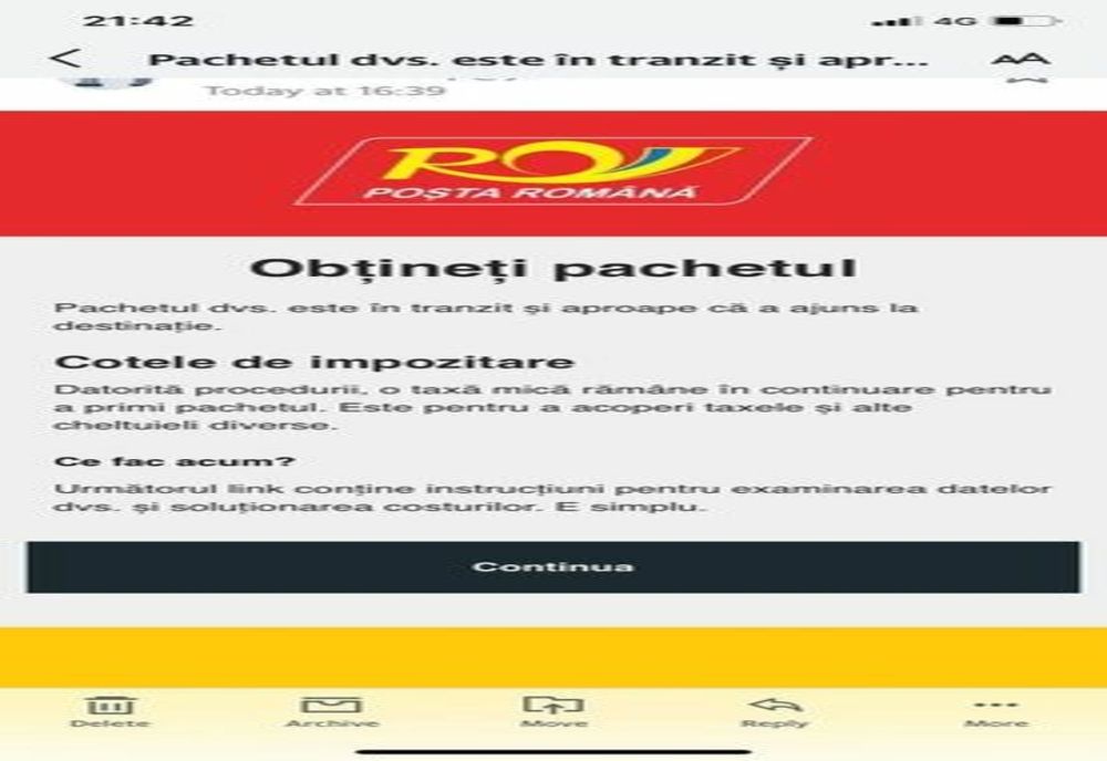 Tentativă de fraudă care folosește identitatea vizuală de la Compania Naţională Poşta Română