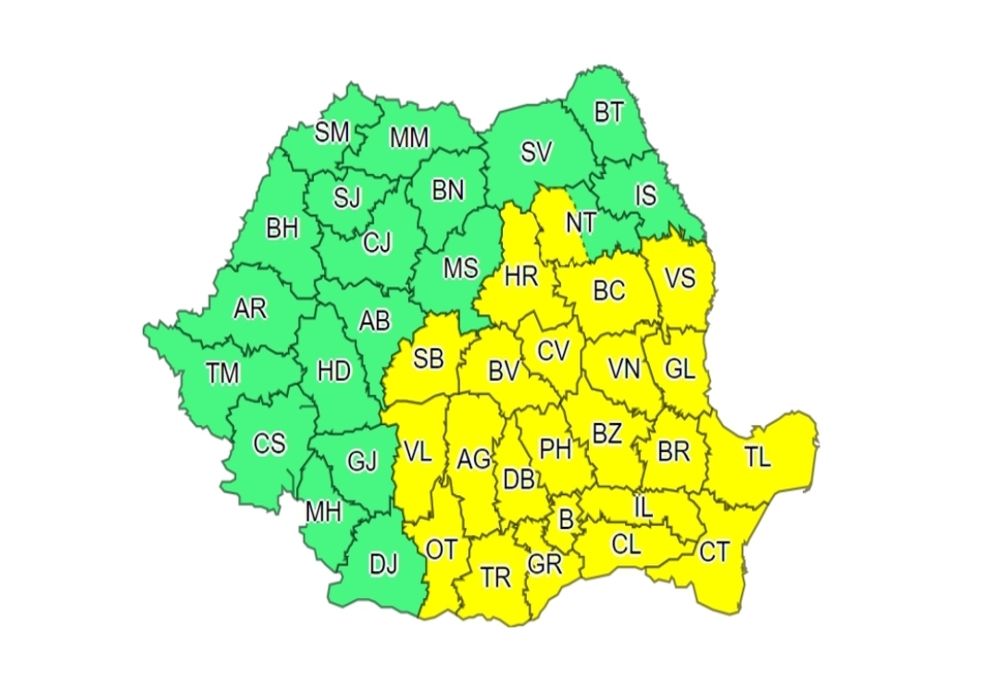 COD GALBEN de furtuni și instabilitate atmosferică în sudul, centrul și estul României, valabil până mâine dimineață.