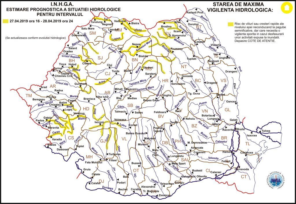 Harta atentionare Hidrologica nr. 7 din 26.04.2019 inundatii cod galben