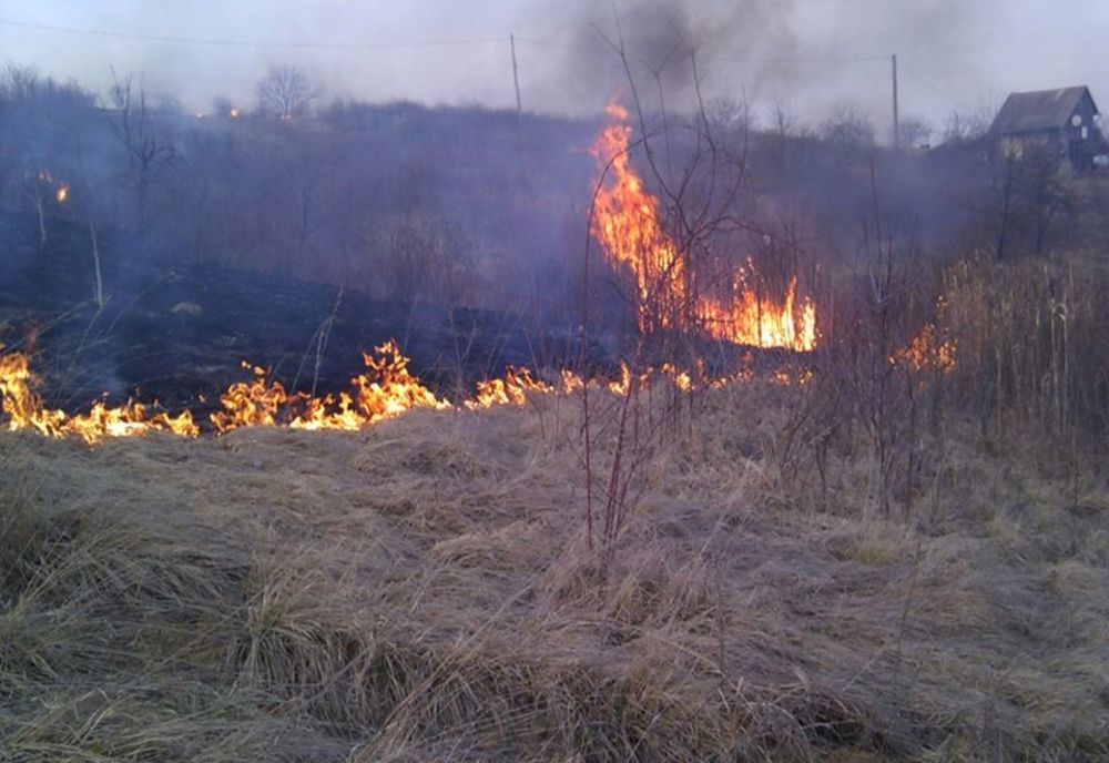 Incendiu de vegetație uscată. Risc de extindere la locuințele din apropiere