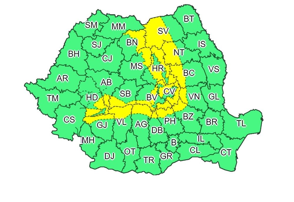 Cod galben de vreme rea, valabil până luni în mai multe județe
