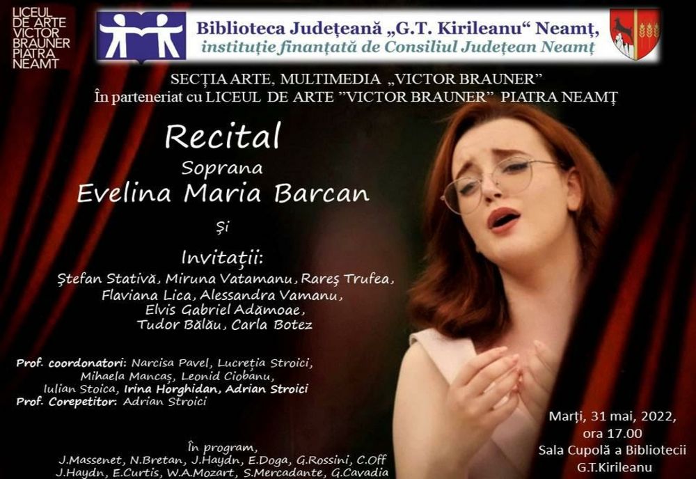 Recital al sopranei Evelina Maria Barcan și al invitaților săi, la Biblioteca Județeană