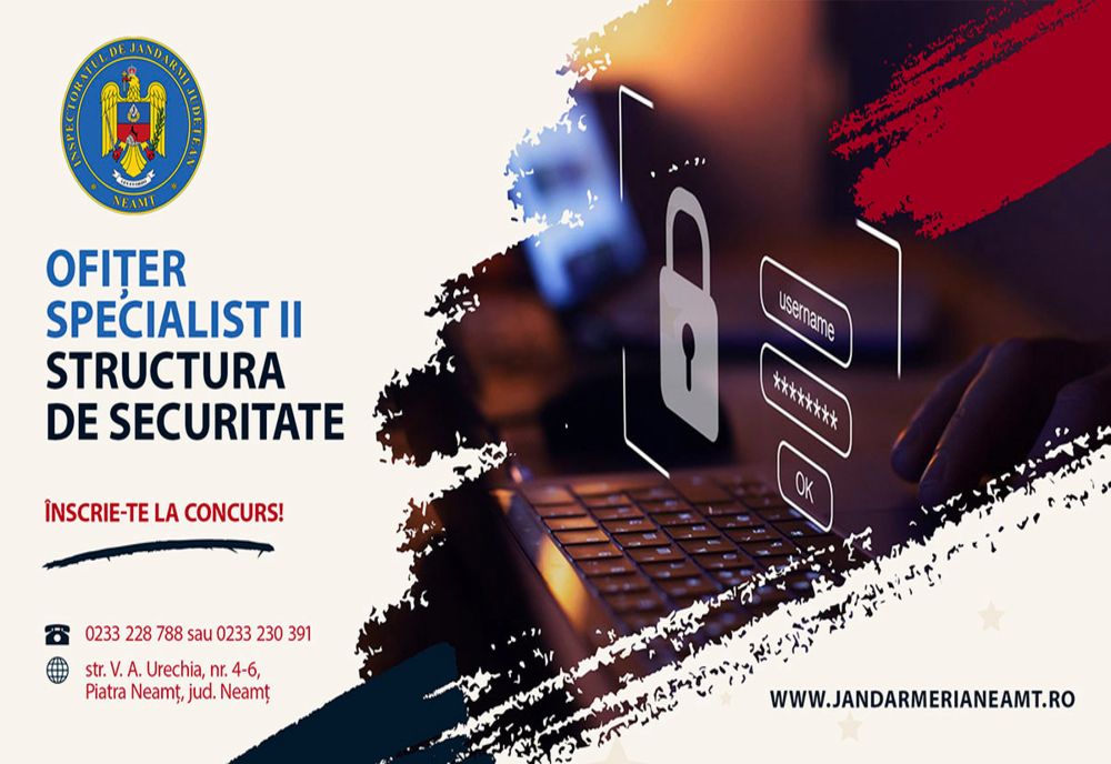 Încep înscrierile pentru ocuparea unui post de ofițer vacant la Jandarmeria Neamț